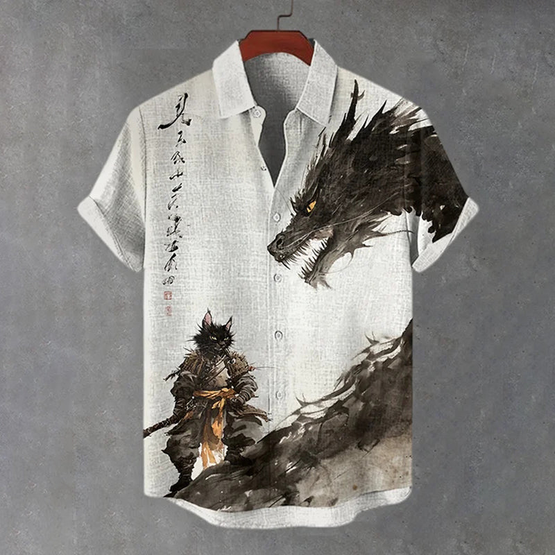 Men's Cat Warrior And Dragon Duel Ink Painting Art Print Short Sleeve Shirt