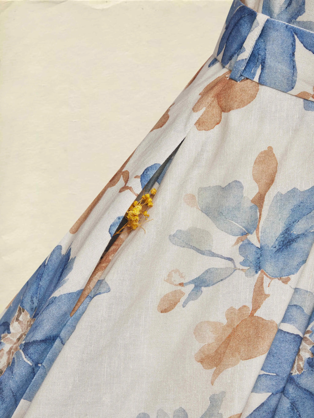 Midi Cotton Dress, Half Sleeve, Round Neck, Floral, Belt Design, Vintage, Khaki