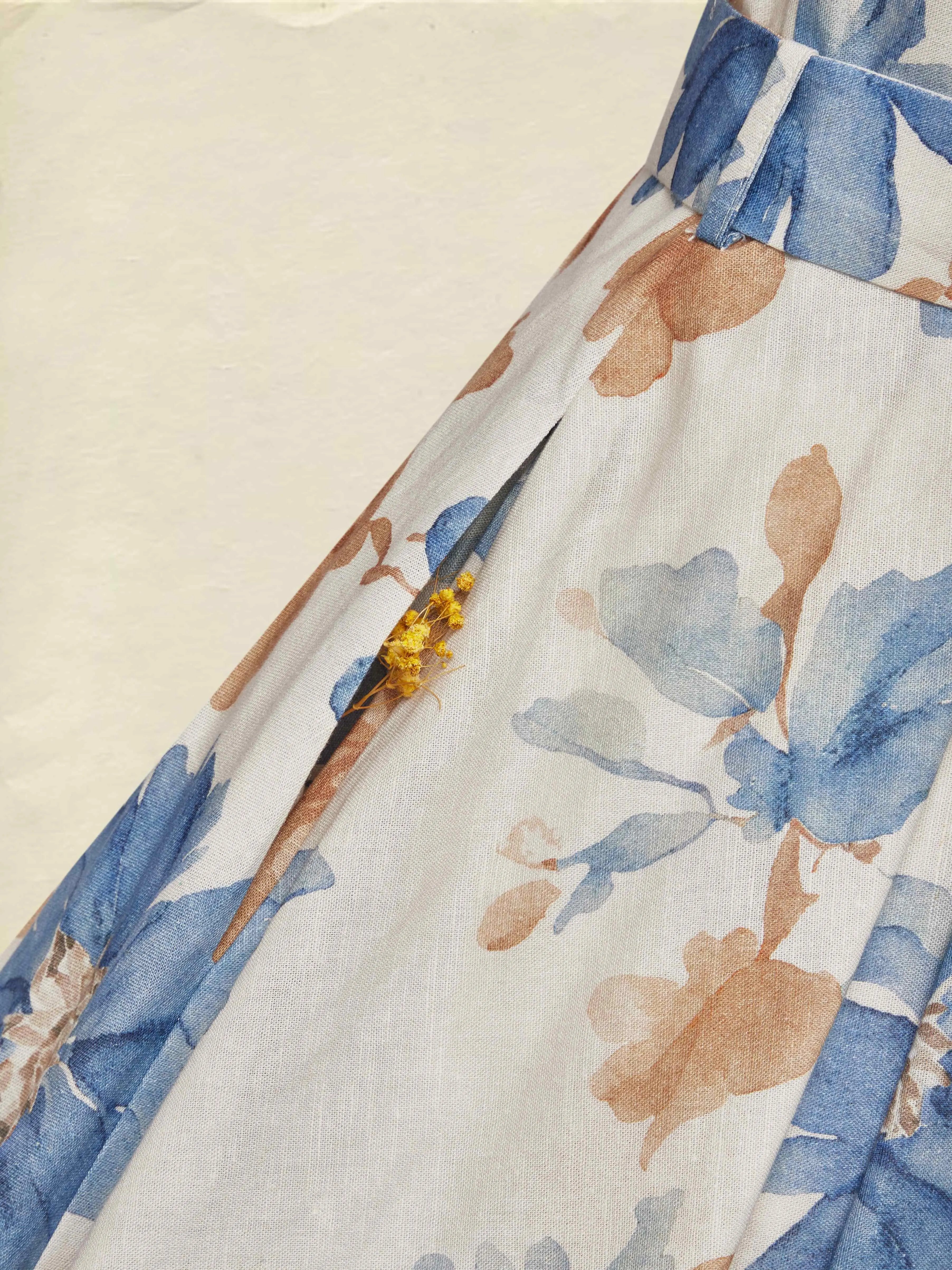 Midi Cotton Dress, Half Sleeve, Round Neck, Floral, Belt Design, Vintage, Khaki