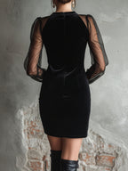 Elegant Mock-Neck Black Velvet Cocktail Dress With Sheer Sleeves