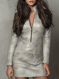 Chic Gold Marbled Zip-Front Bodycon Mini Dress