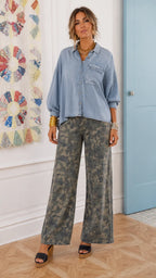 Denim Cropped Shirt & Camo Wide Leg Pants Set