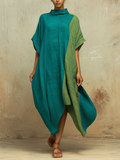 Teal & Olive Colorblock Linen Blend Asymmetrical Kaftan Dress