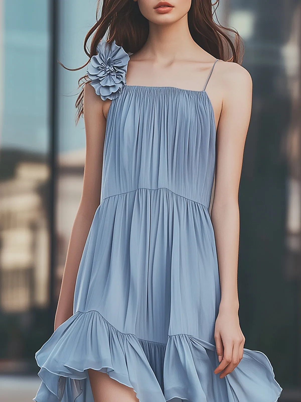 Elegant Irregular Hem 3D Flower Dress