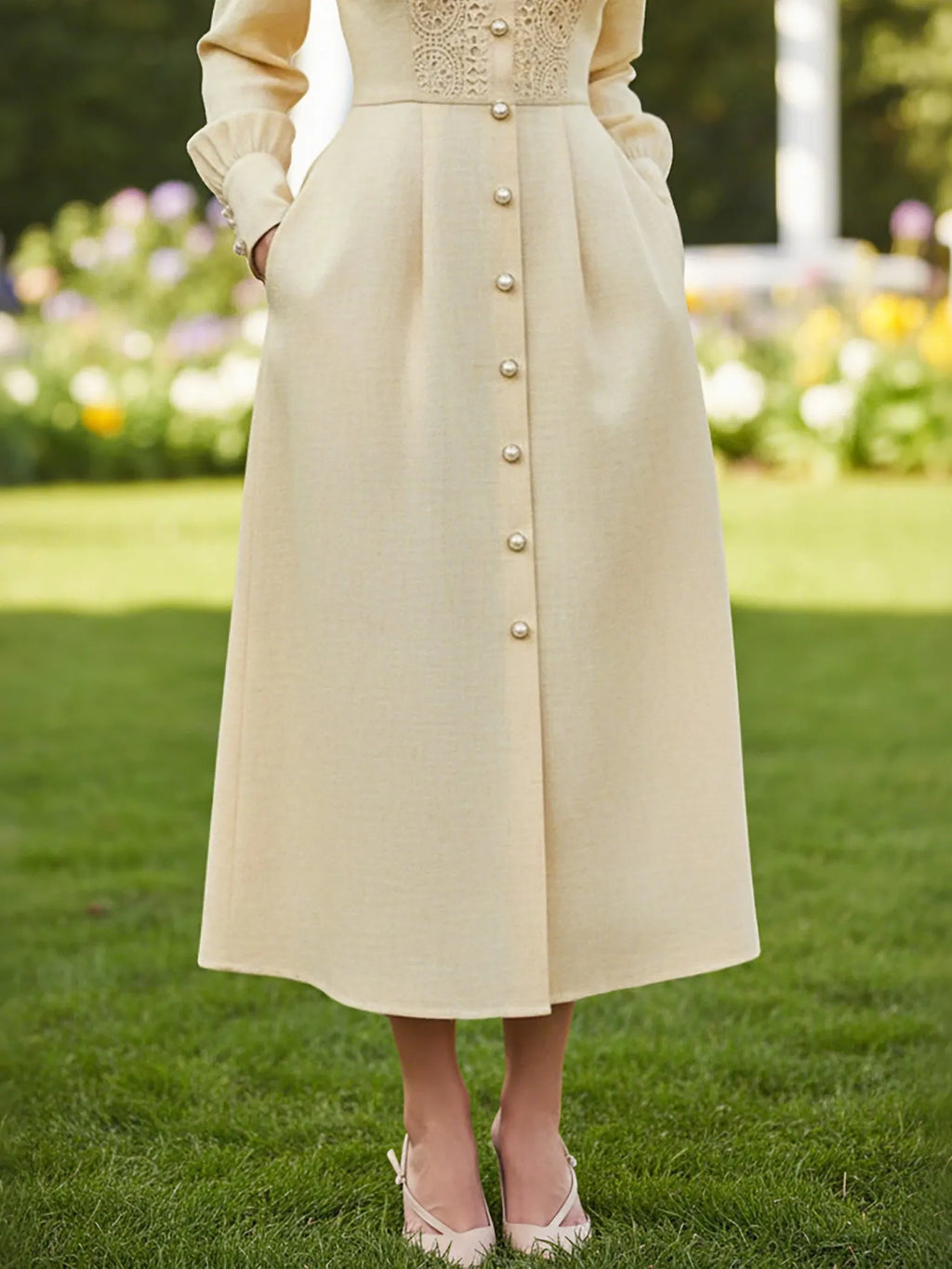 Midi Cotton Dress, Long Sleeves, Stand Collar, Plain, Lace, French Vintage, Beige
