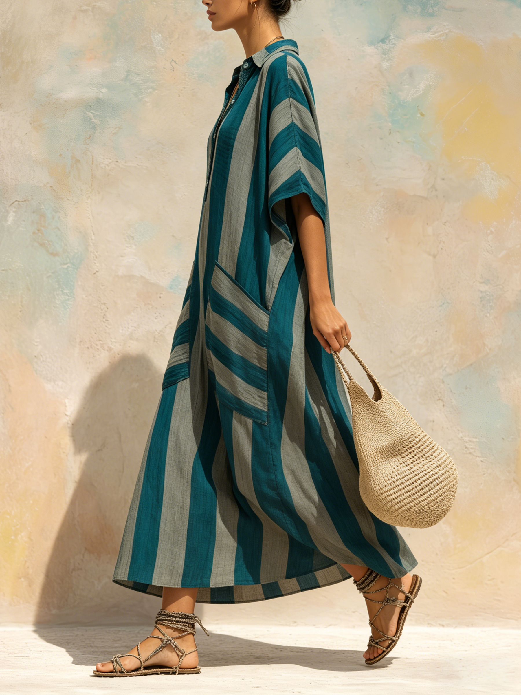 Teal Striped Linen-Blend Kaftan Maxi Dress | Effortless Boho Chic