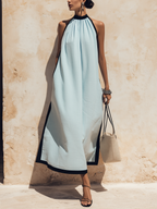 Tencel Denim Halter Neck Maxi Dress With Side Slit
