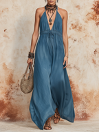 Dusty Blue Halter Neck Tie-Waist Flowy Maxi Dress