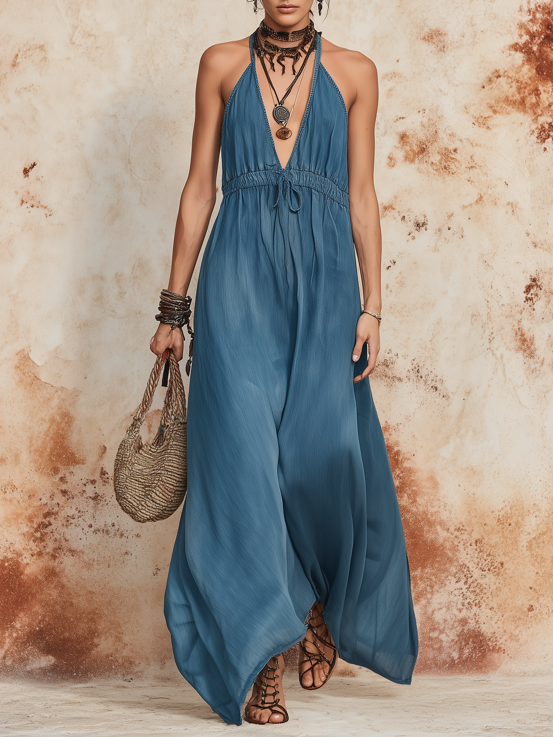 Dusty Blue Halter Neck Tie-Waist Flowy Maxi Dress