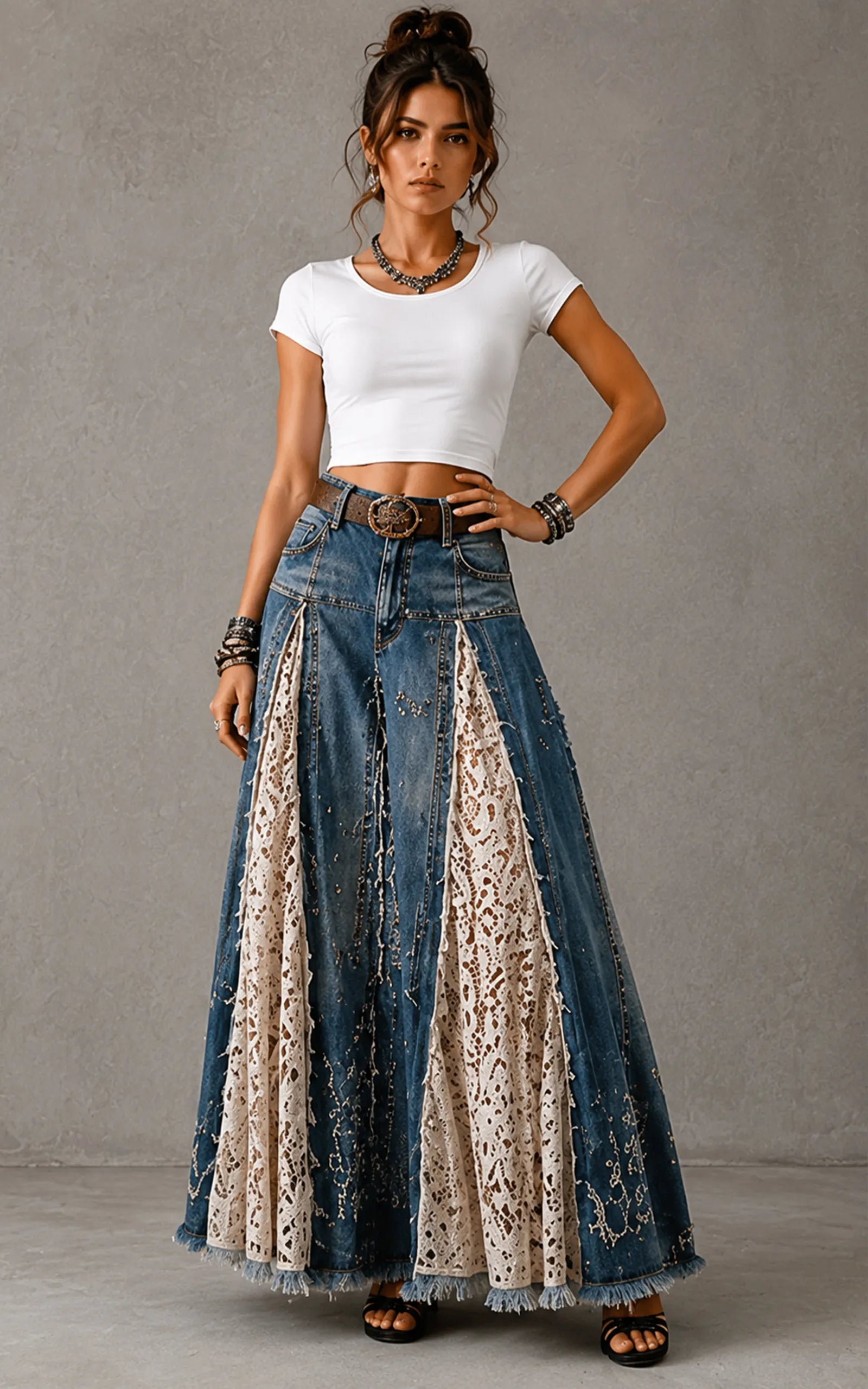 Vintage Denim Crochet Lace Panel Maxi Skirt