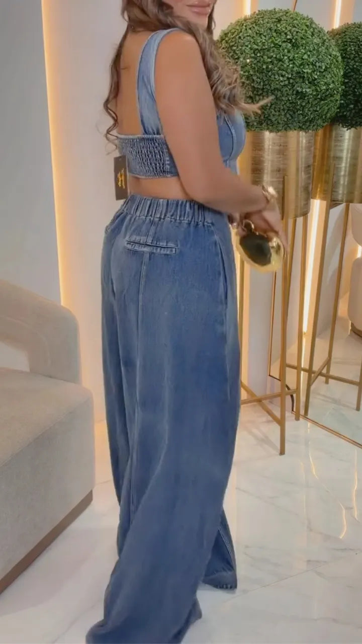 Denim Corset Top & Wide Leg Denim Pant Set