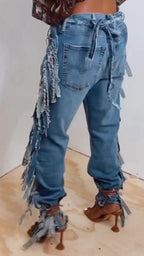 Distressed Fringe Jogger Denim Pants