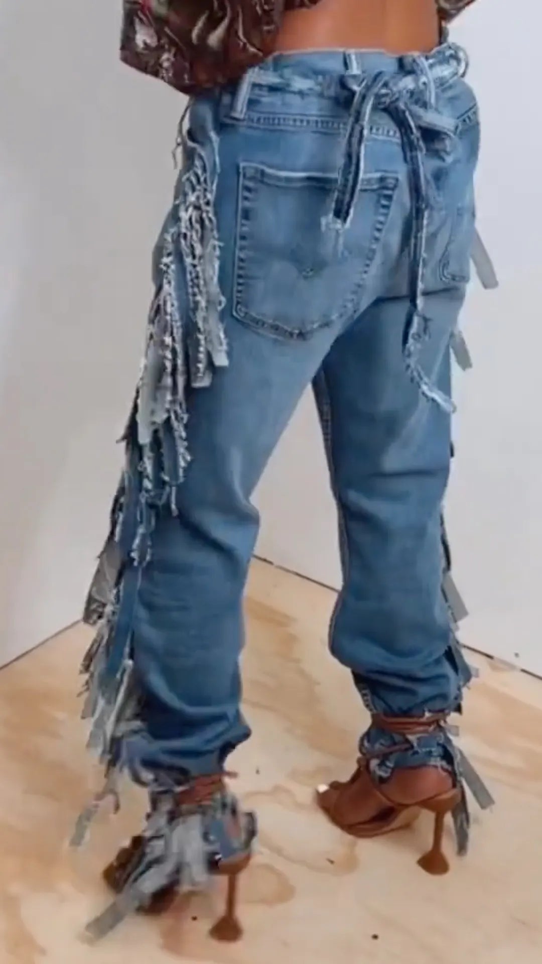 Distressed Fringe Jogger Denim Pants