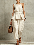 Beige Linen-Blend Asymmetric Peplum Top & Barrel Pants Co-ord Set