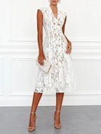 White Lace V Neck Sleeveless A-Line Midi Dress