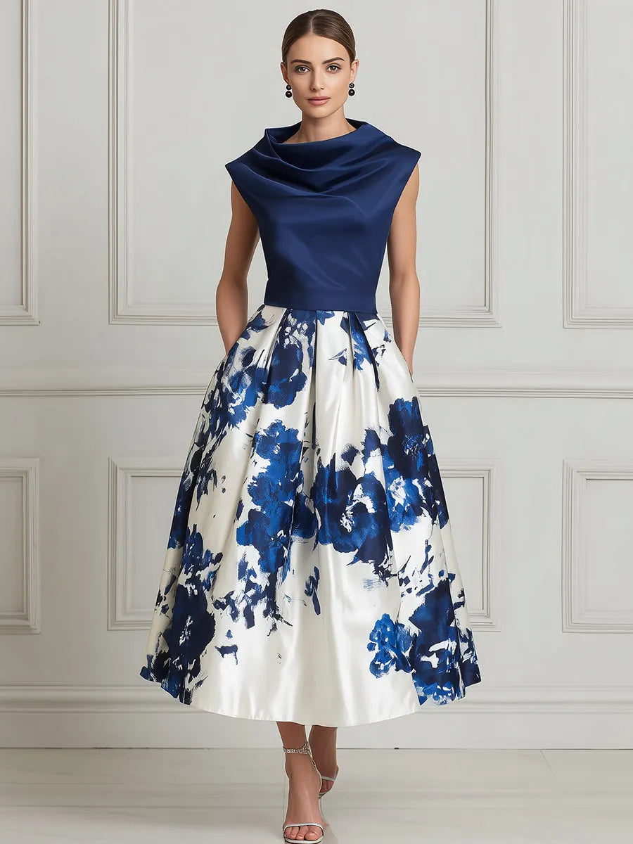 Elegant Floral Satin A-Line Midi Dress