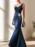 Navy Blue Satin Gown with Side Embroidery and Pleated Hem