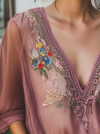 (sale)Elegant Gray Purple Floral Embroidery Half Sleeve Chiffon Shirt