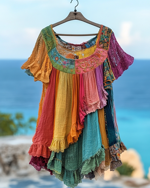 Summer colorful vacation patchwork cotton and linen contrast color top cca7