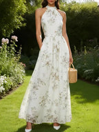 Maxi Cotton Dress, Sleeveless, Round Neck, Floral, Vacation, Vintage, White