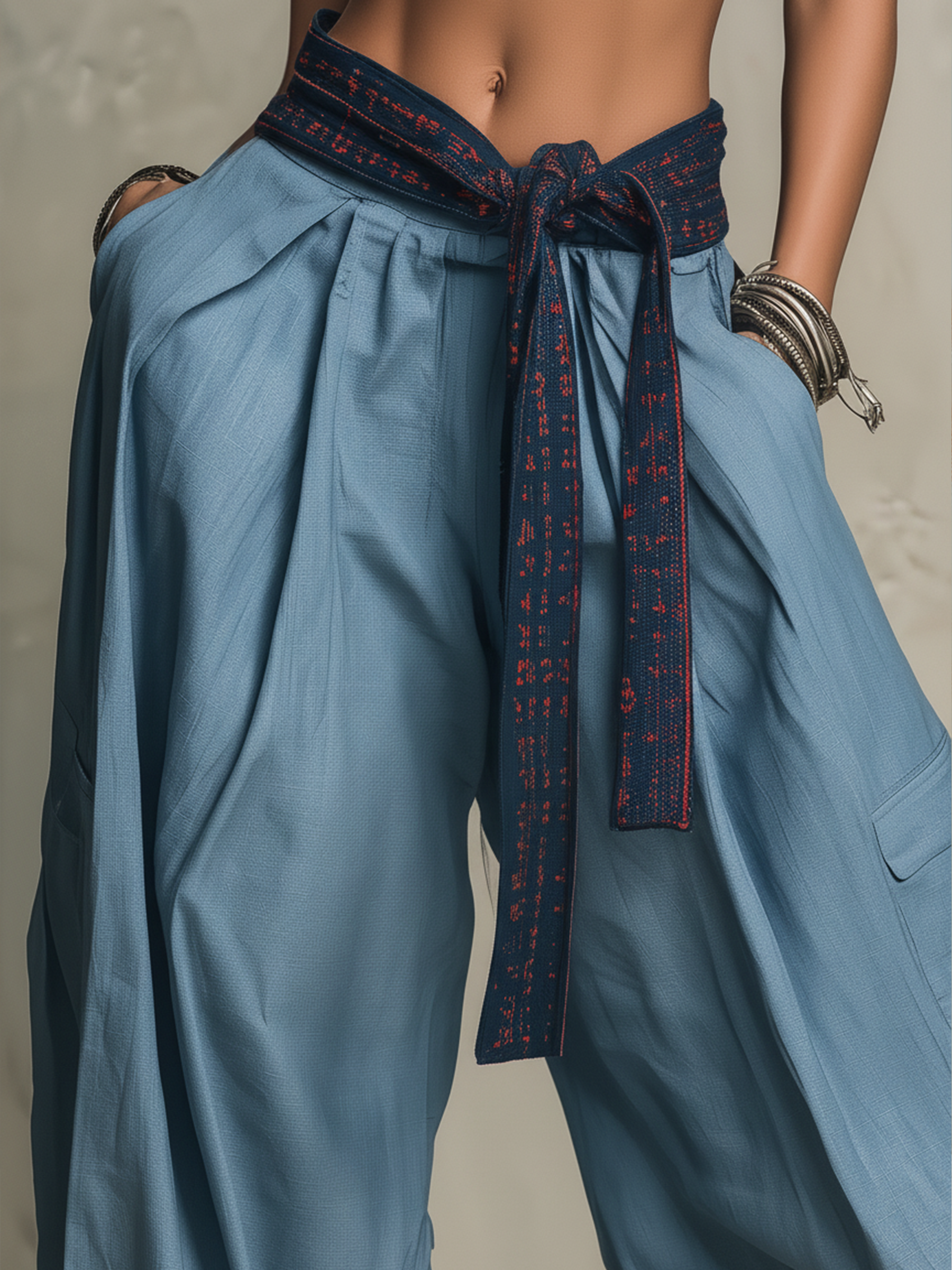 Dusty Blue Patchwork Waist Oversized Wide-Leg Cargo Pants