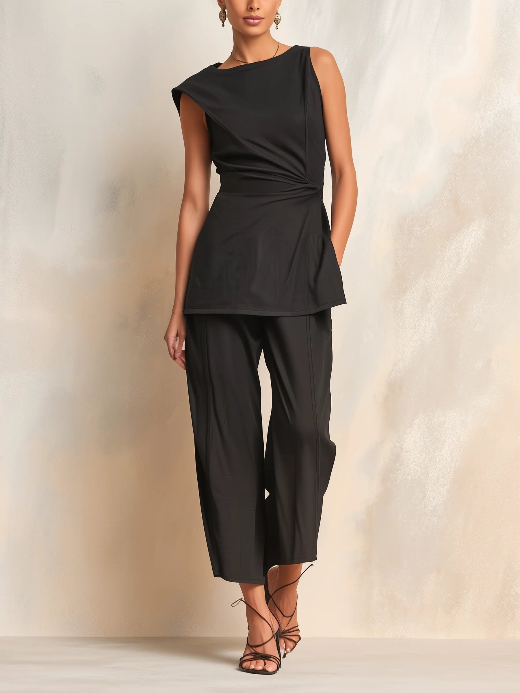 Asymmetric Twist Waist Top & Tailored Wide-Leg Pants Set