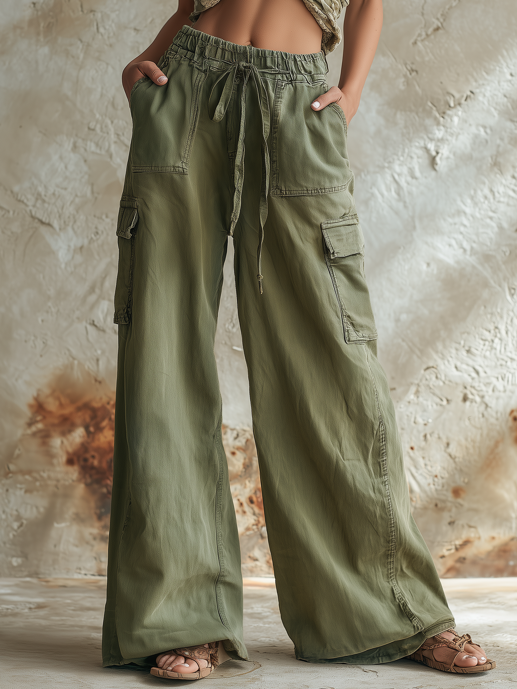 Olive Green High-Waist Wide-Leg Cargo Pants With Drawstring Waist