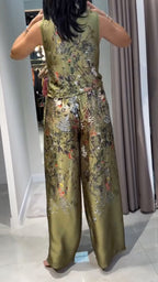 Women's V-Neck Printed Satin Casual Set