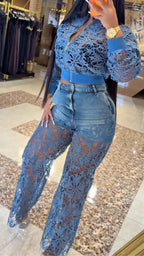 Women's Cut-out Lace Zip-up Top & Lace-Paneled Jeans Set