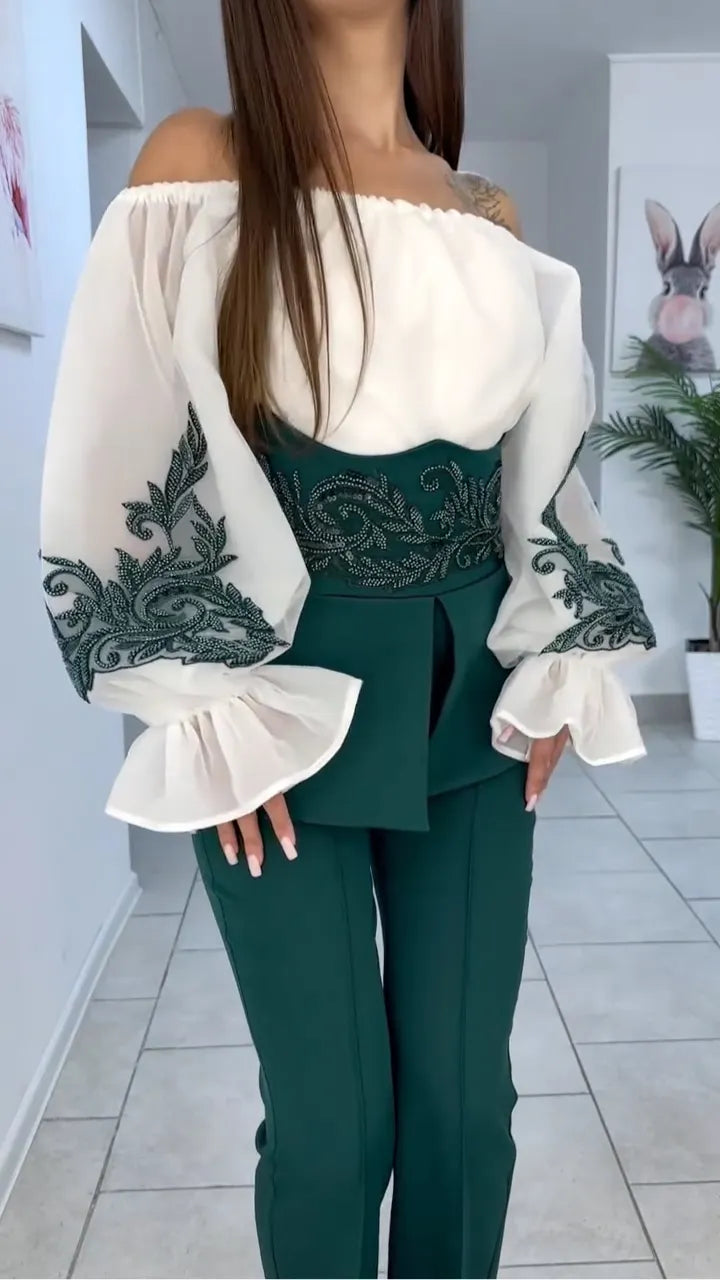 Off Shoulder Embroidered Top & Dark Green Peplum Flare Pant Two Piece Outfit