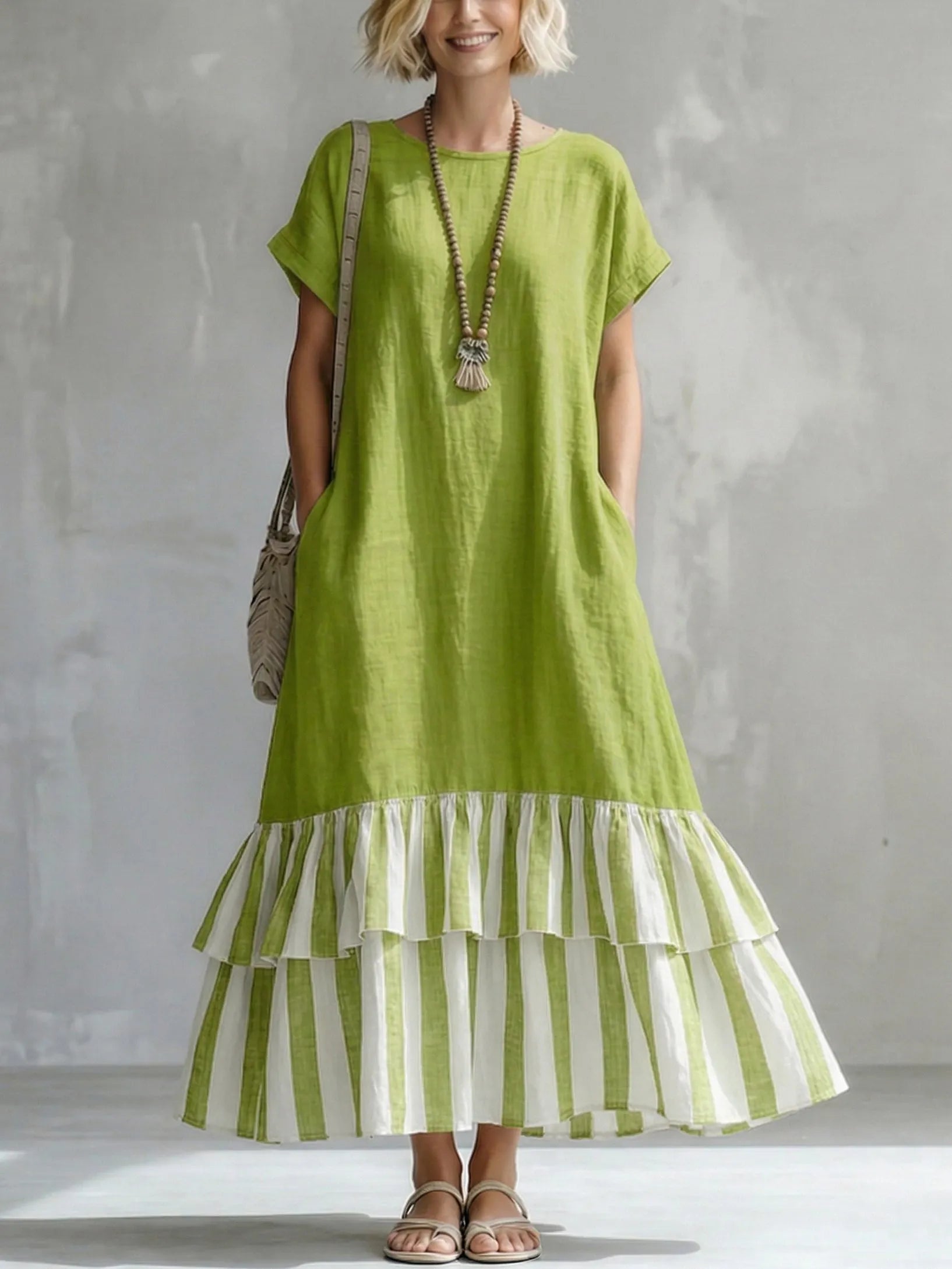 Cozy Striped Patchwork Ruffled Loose Cotton-linen Maxi Dress