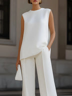 Sleeveless A Round Neck Top & High Waist Split Wide Leg Pants Two Piece Set