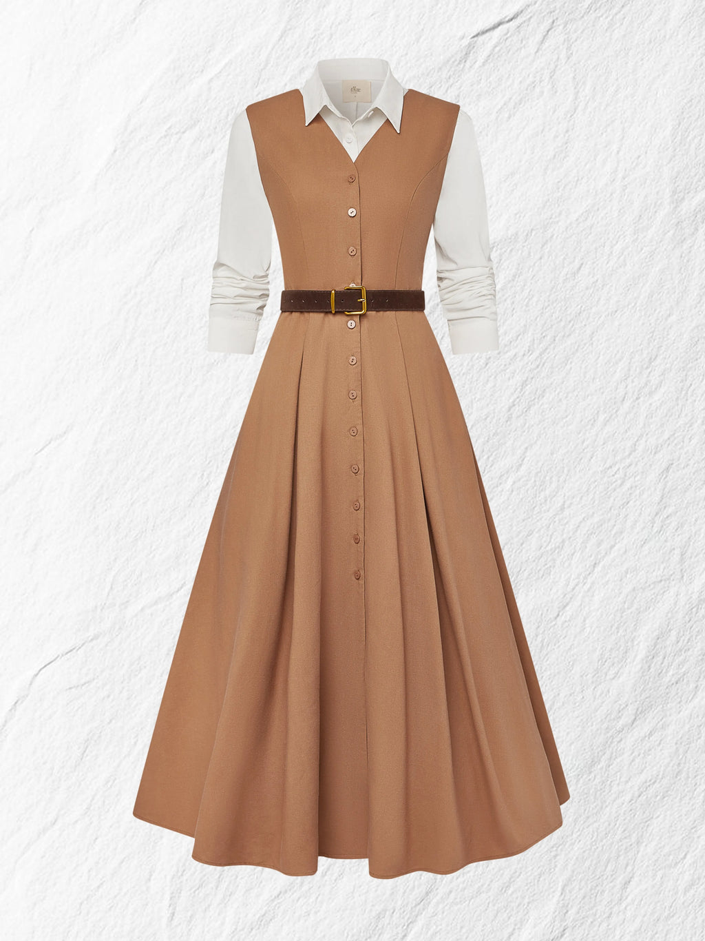 Maxi Linen Dress Set & Shirt, Long Sleeves, Shawl Collar, Plain, Button Design, French Vintage, Light Brown