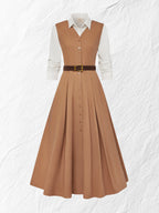 Maxi Linen Dress Set & Shirt, Long Sleeves, Shawl Collar, Plain, Button Design, French Vintage, Light Brown