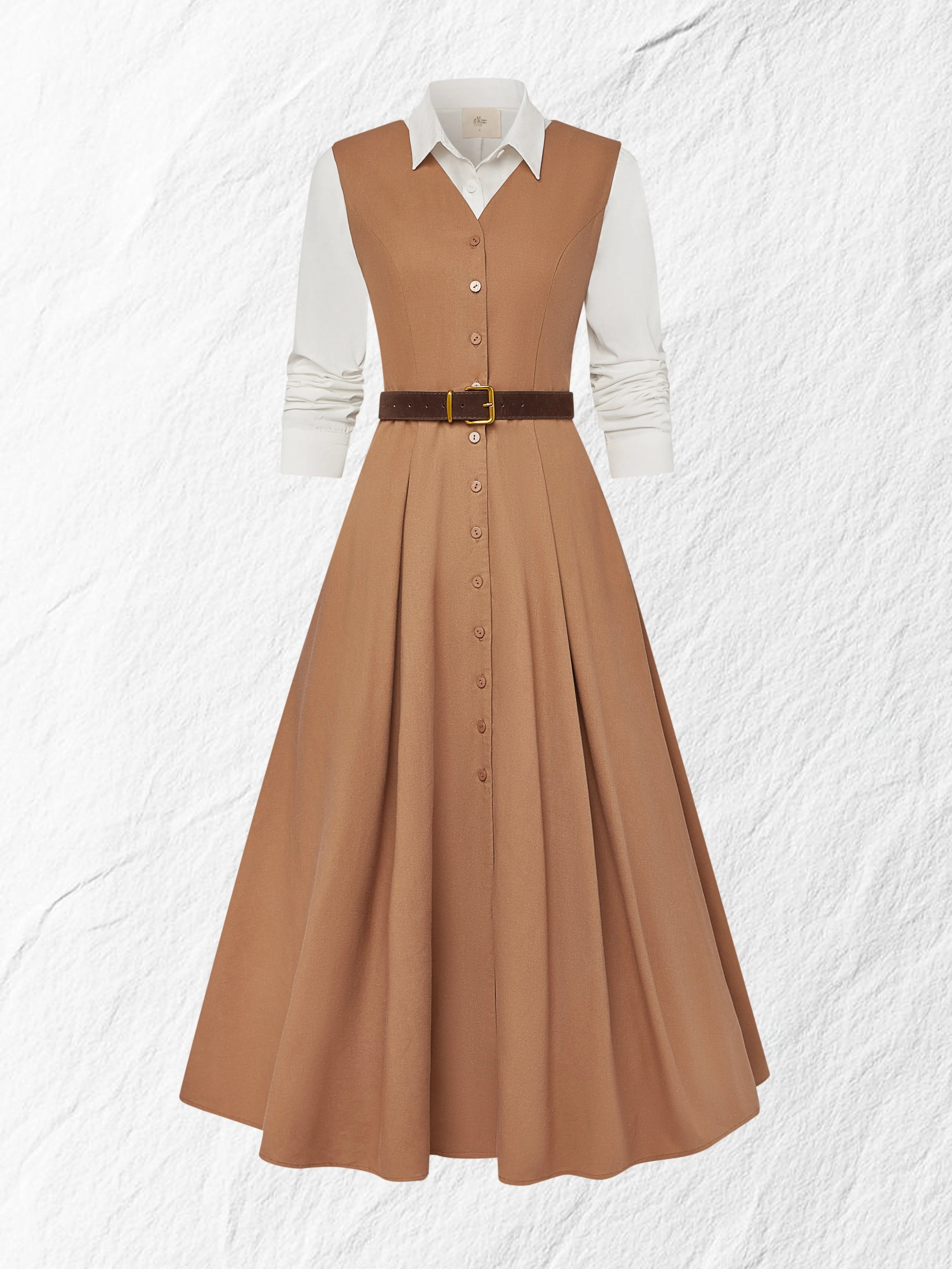 Maxi Linen Dress Set & Shirt, Long Sleeves, Shawl Collar, Plain, Button Design, French Vintage, Light Brown