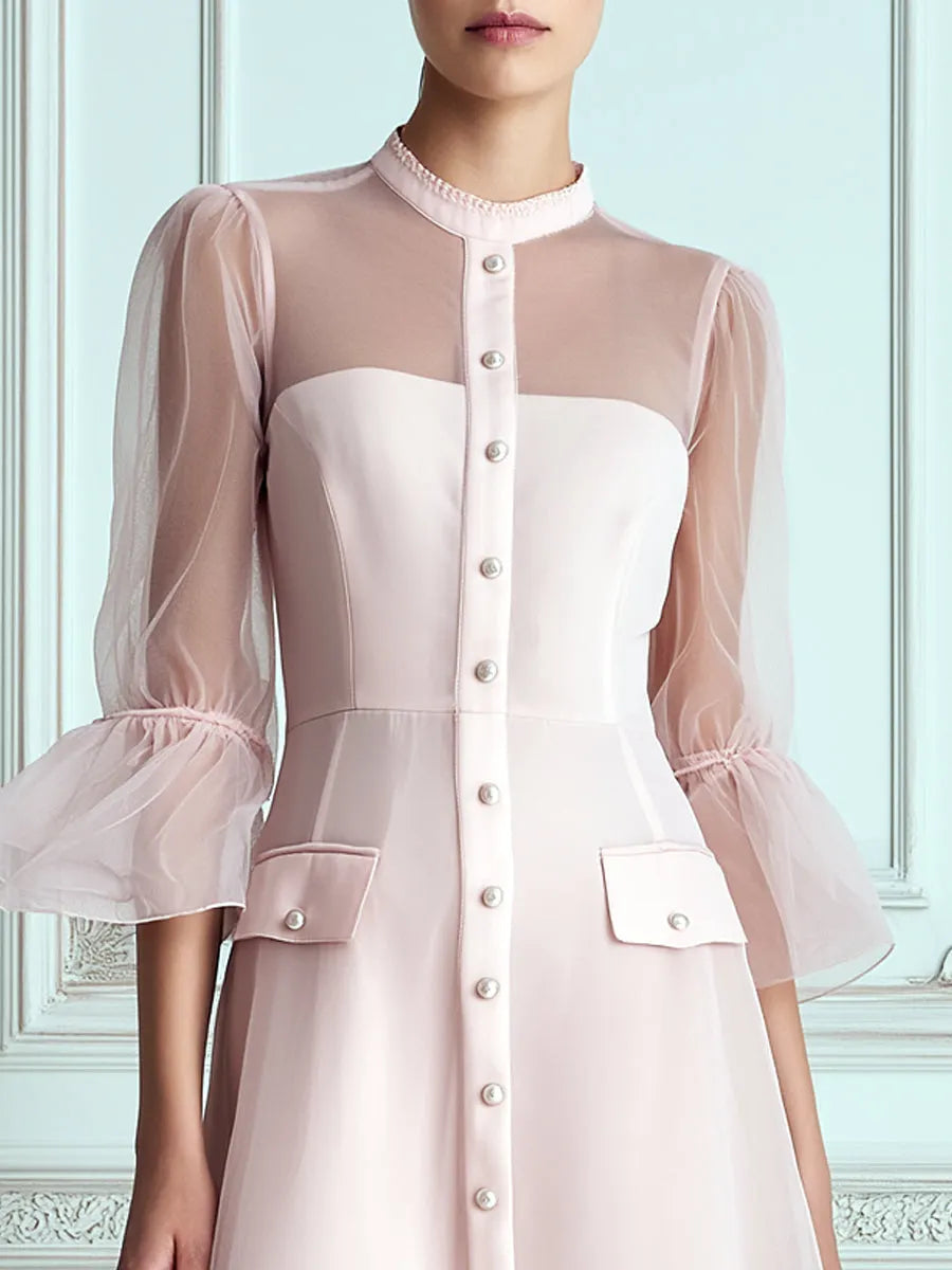 Blush Pink Sheer Flared 3/4‑Sleeve A‑Line Midi Dress