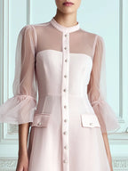 Blush Pink Sheer Flared 3/4‑Sleeve A‑Line Midi Dress