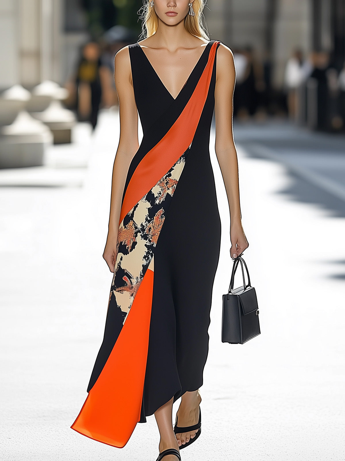 Black Satin Dress With Vibrant Orange And Floral Prints