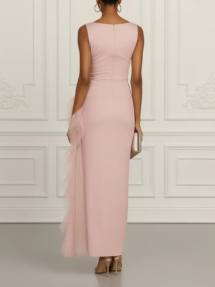 Pink Mesh Ruched Knit Boat Neck Sleeveless Sheath Maxi Dress