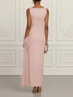 Pink Mesh Ruched Knit Boat Neck Sleeveless Sheath Maxi Dress
