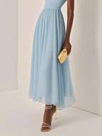 Light Blue Ruched Chiffon One Shoulder Sleeveless A-Line Maxi Dress