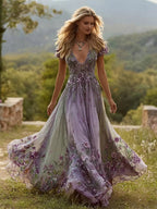 Vintage Boho Floral Embroidered Gradient Flowy Maxi Dress