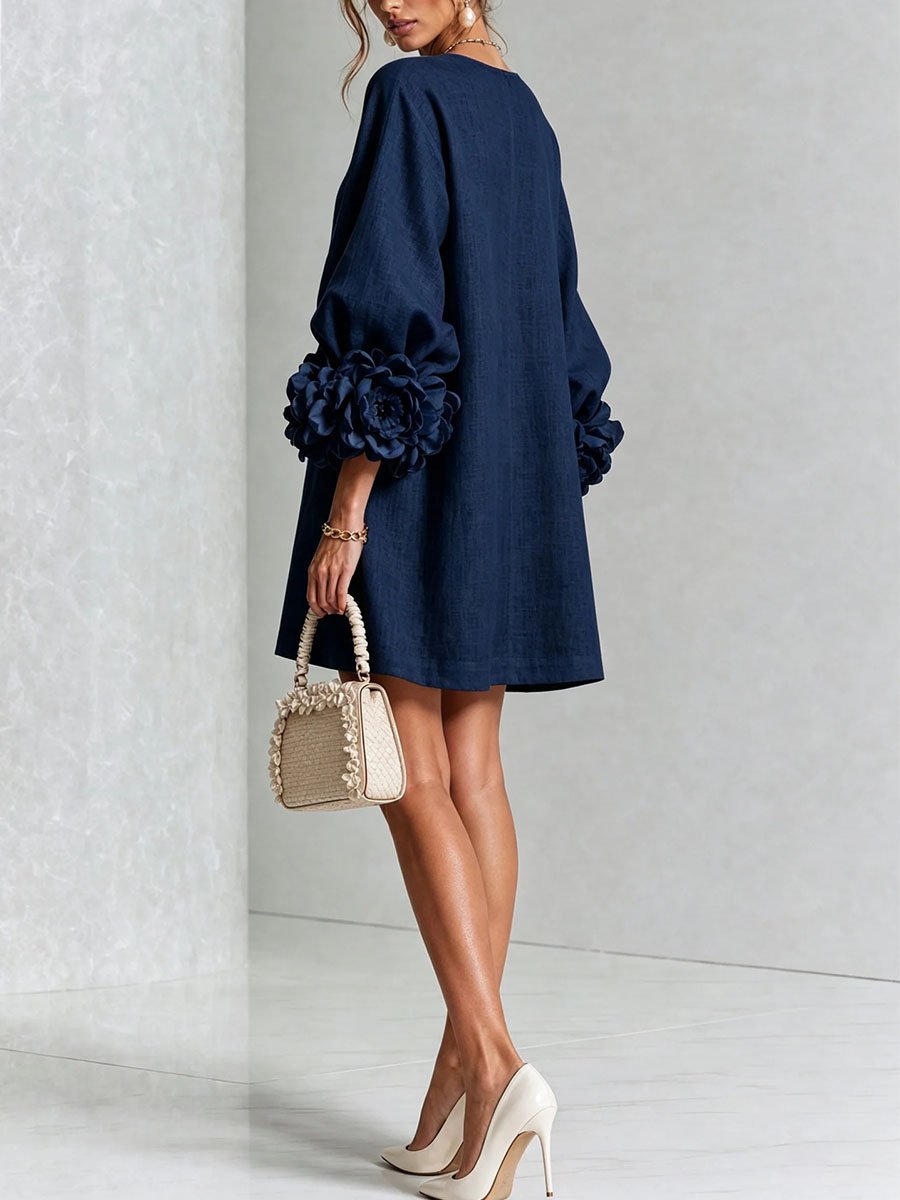 Women's 3D Floral Cuff Balloon Sleeve Mini Dress, Front Floral Button Cotton Linen Blend Shift Dress