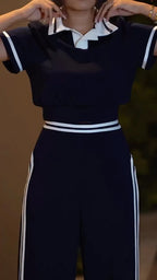 Contrast Collar Ribbed Polo Wide Leg Pant Set