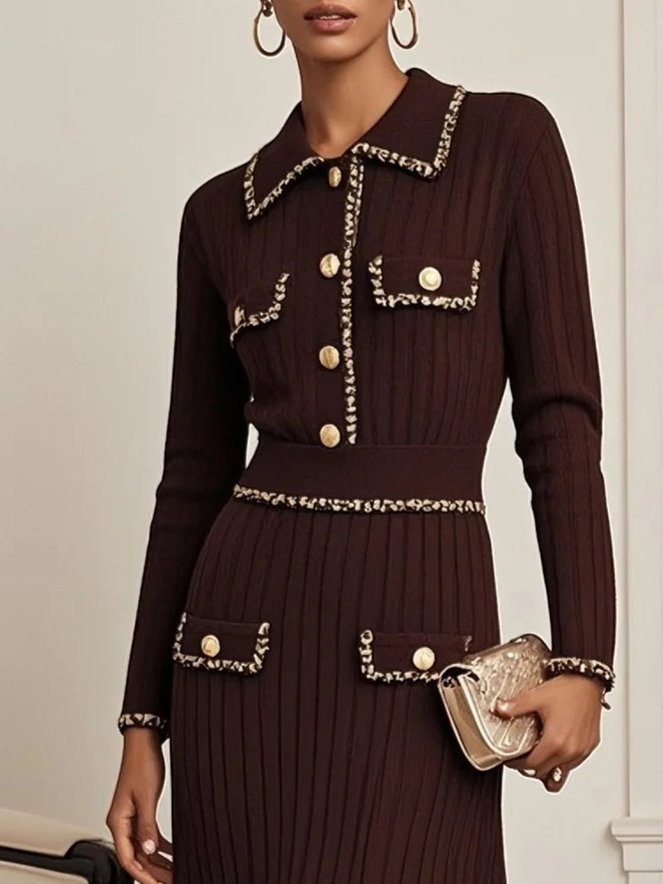 Red Brown Piping Buckle Sweater Lapel Collar Long Sleeve A-Line Midi Dress