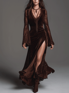Romantic Lace-Sleeve Velvet Boho Maxi Dress