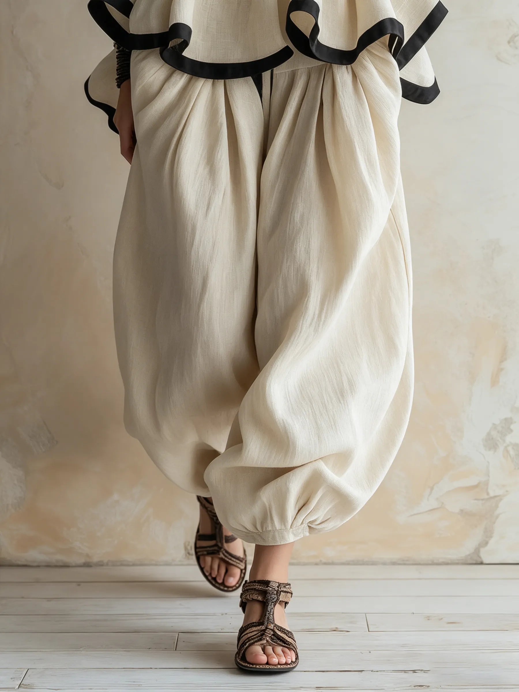 Strapless Ruffle Peplum Top & Harem Pants Set | Linen Boho Two-Piece Outfit