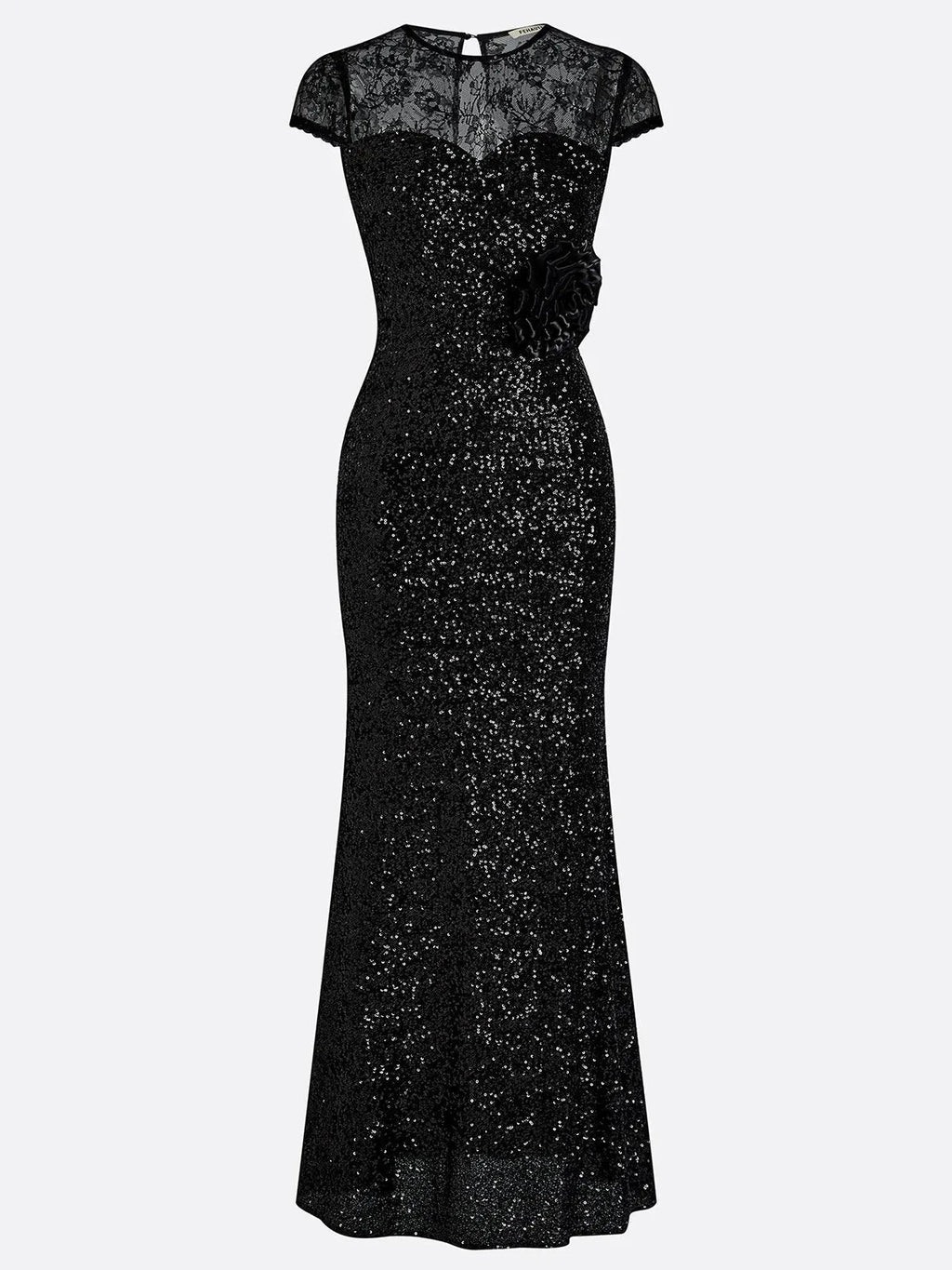 Black 3D Floral Lace Sequin Crew Neck Short Sleeve Sheath Maxi Dress