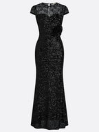 Black 3D Floral Lace Sequin Crew Neck Short Sleeve Sheath Maxi Dress