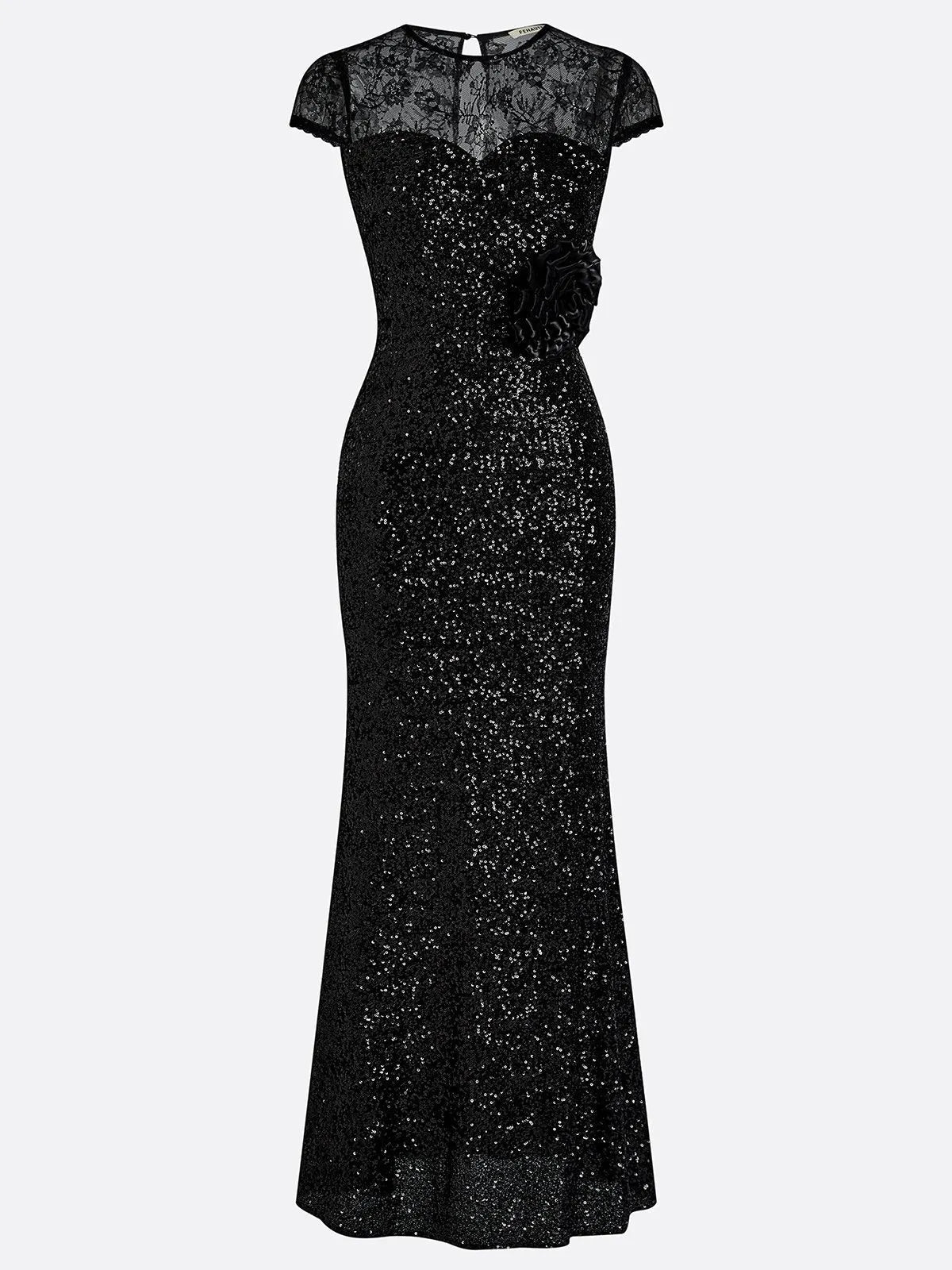 Black 3D Floral Lace Sequin Crew Neck Short Sleeve Sheath Maxi Dress